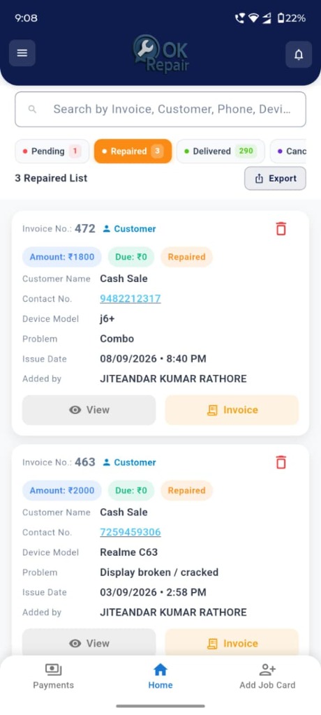 OK Repair Shop App Homepage